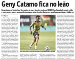 Geny Catamo to Sunderland is over, as per A Bola today