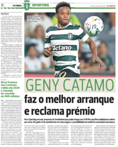 A Bola cover Geny Catamo's start to the season after Sunderland move stopped