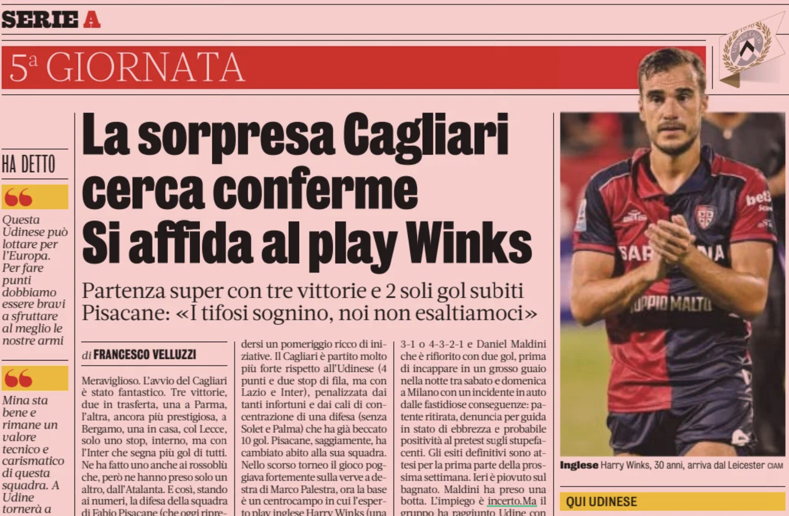 Gazzetta dello Sport with a splash explaining how Cagliari rely on Harry Winks